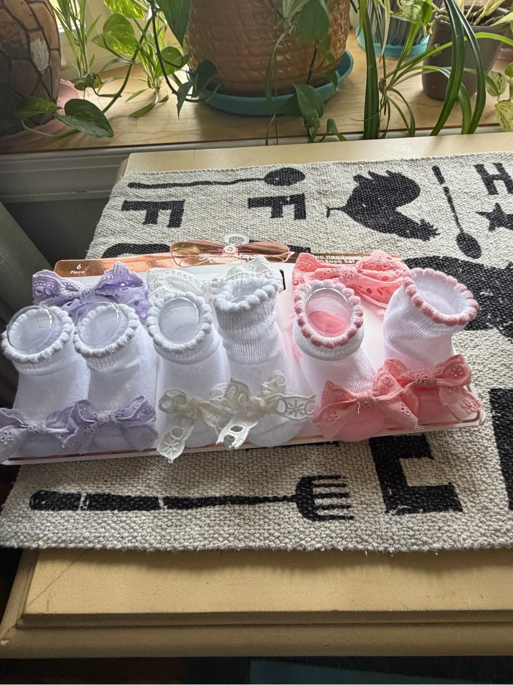 Baby Girl Ruffled Bow Socks - Pink, White & Lavender With Headwrap